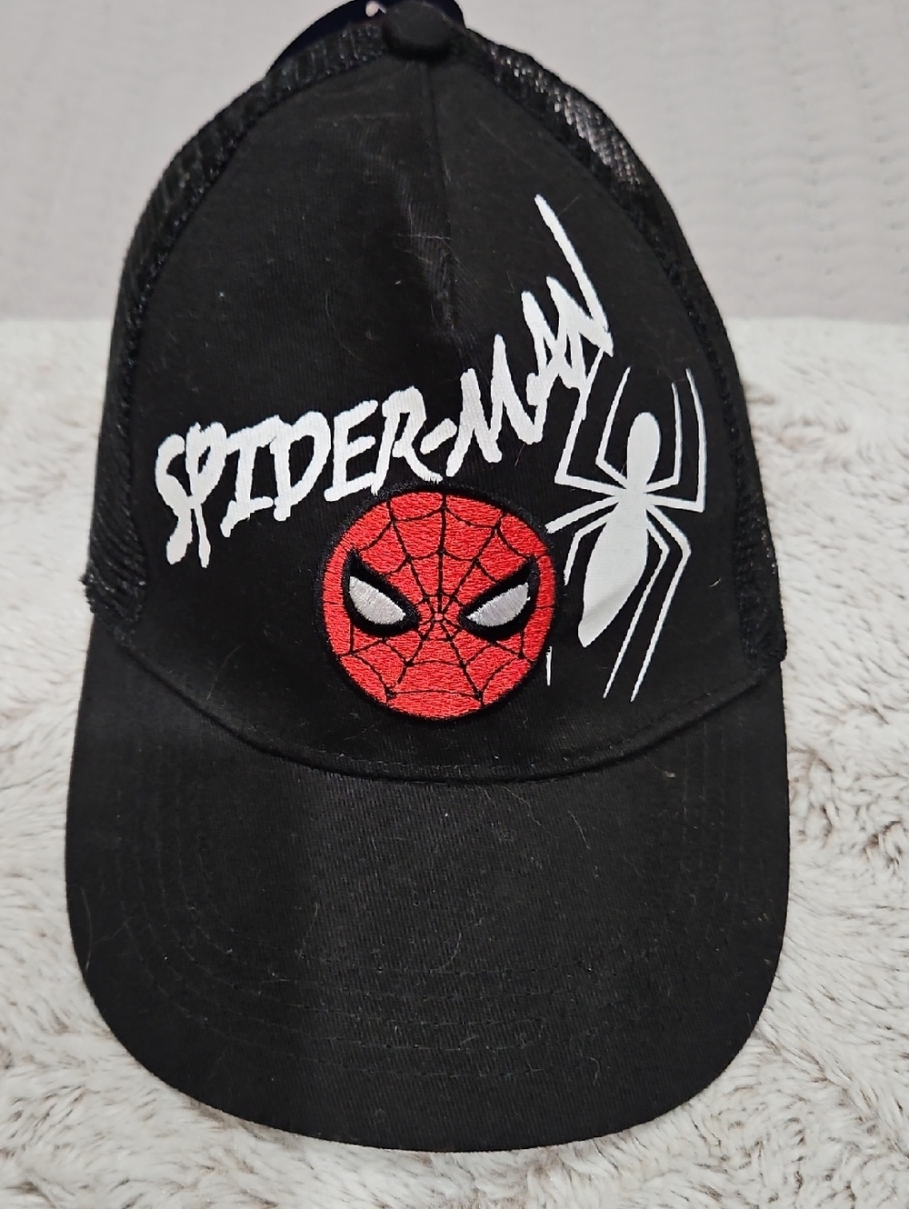 Spiderman Black Cap with Red Embroidered Face and White Graphics